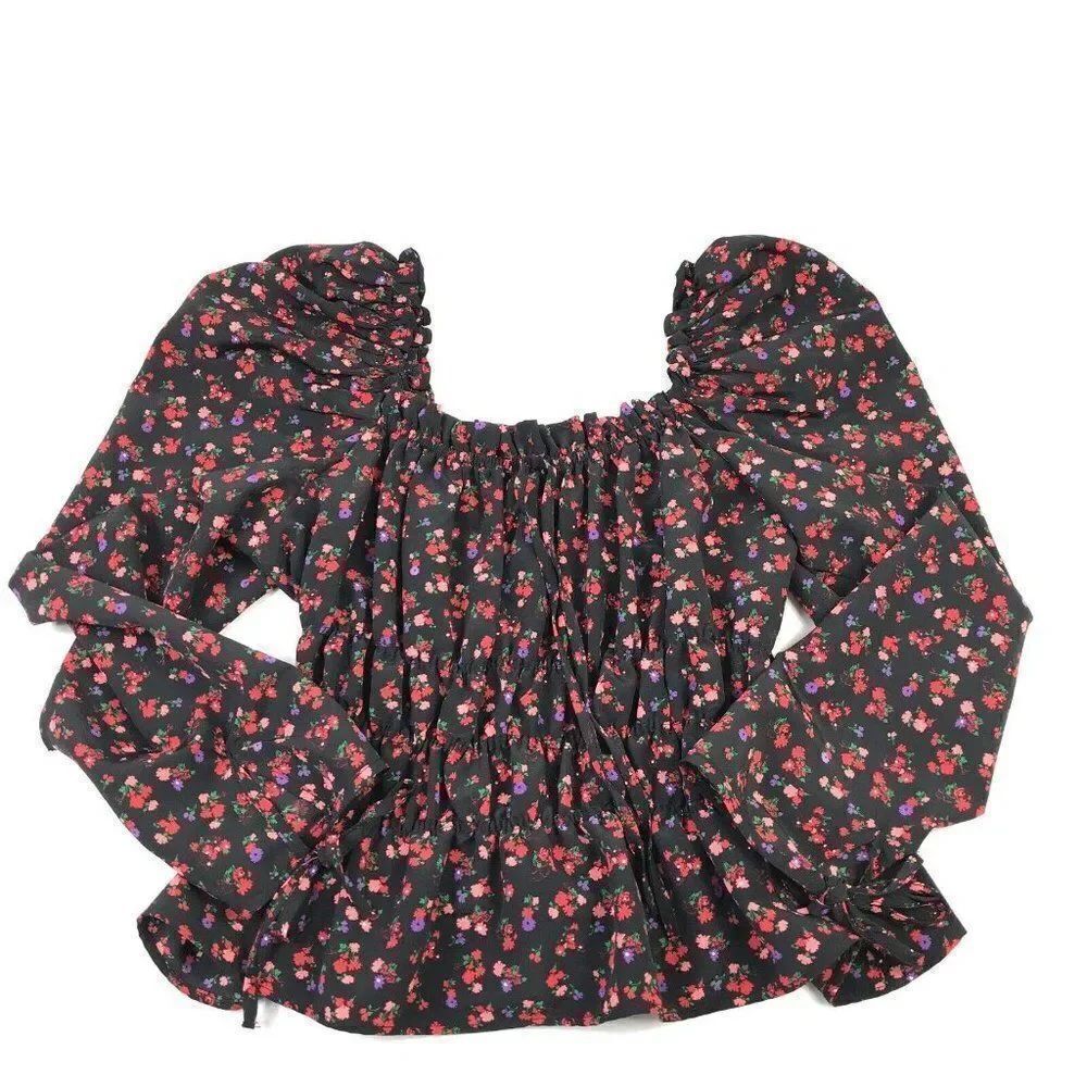Topshop Womens Cropped Peasant Top Floral Square Neck Long Sleeve Shirt Size 2 *